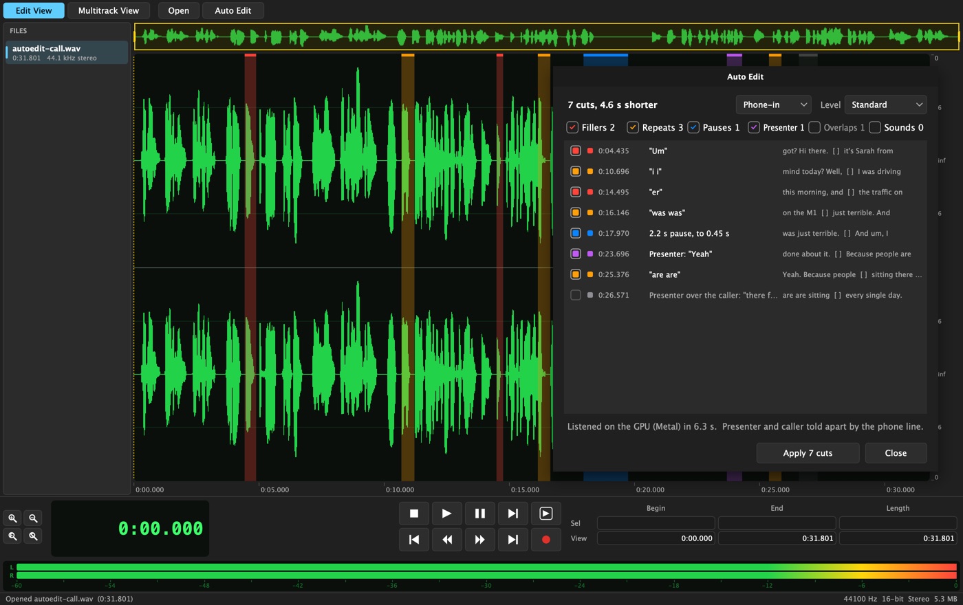 Auto Edit on a phone-in: the proposed cuts marked in colour on the waveform, and the review window listing fillers, repeats, a long pause, a presenter Yeah and an overlap, each with a tick box