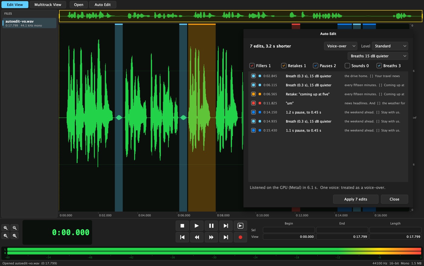 Auto Edit in voice-over mode: breaths marked in light blue and made 15 dB quieter, a retake, a filler and two pauses listed in the review window
