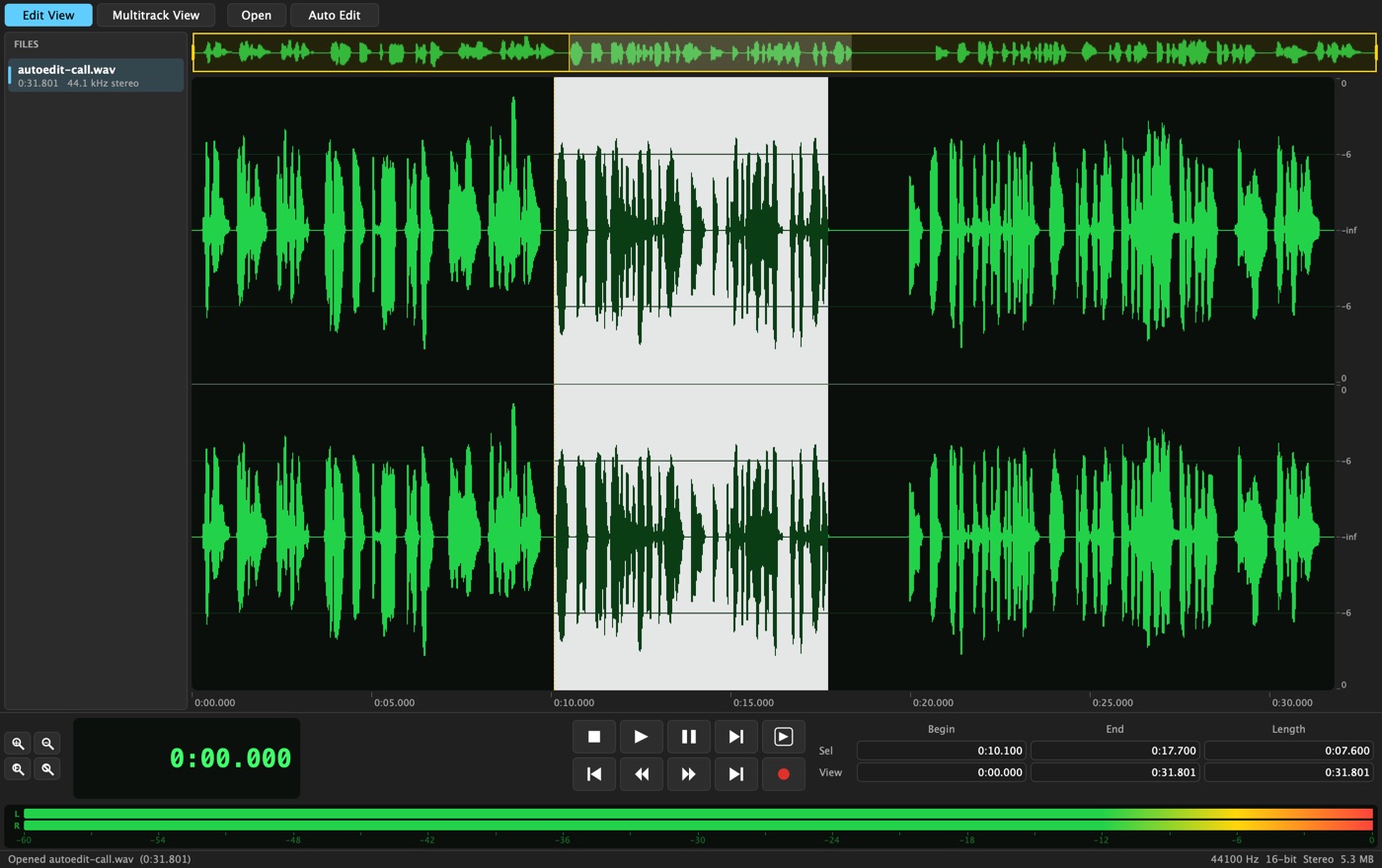 The Edit View: the Files list on the left, the overview bar along the top, the stereo waveform with a selection, and the transport, time display, selection boxes and level meters along the bottom