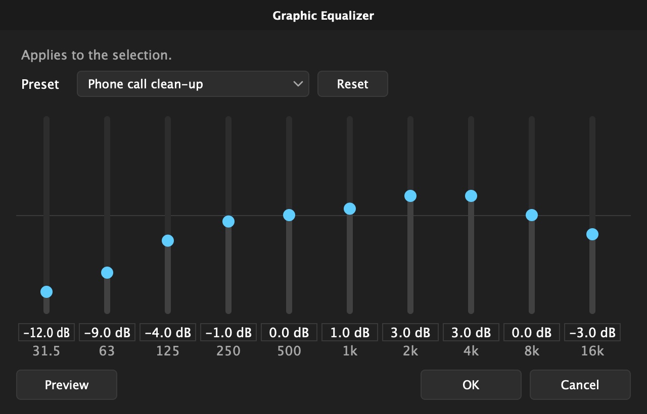 The Graphic Equalizer dialog with the Phone call clean-up preset: ten sliders from 31.5 Hz to 16 kHz, and Preview, OK and Cancel buttons