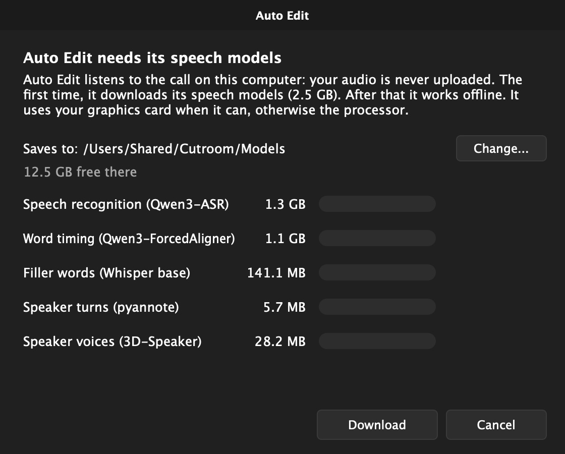 The Auto Edit window that appears the first time: it explains the speech models download, shows where they will be saved with a Change button, and lists the five models with their sizes
