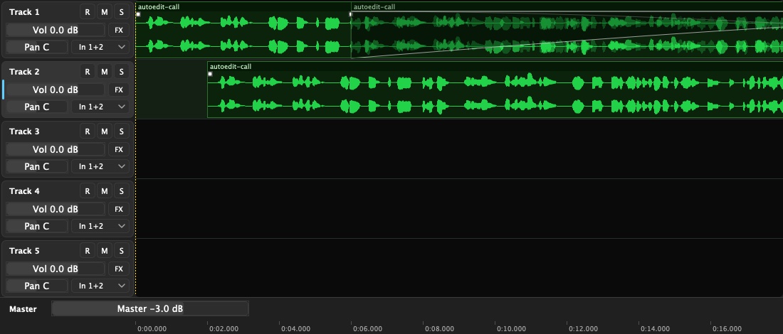 The Multitrack View: tracks with volume, pan and record, mute and solo buttons, with clips placed along them and a crossfade between two clips