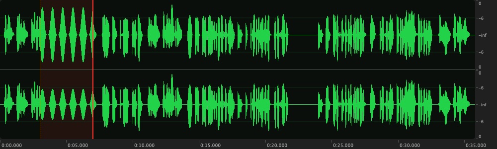 Recording into a file: the new take grows in red at the cursor, with the rest of the file pushed along after it