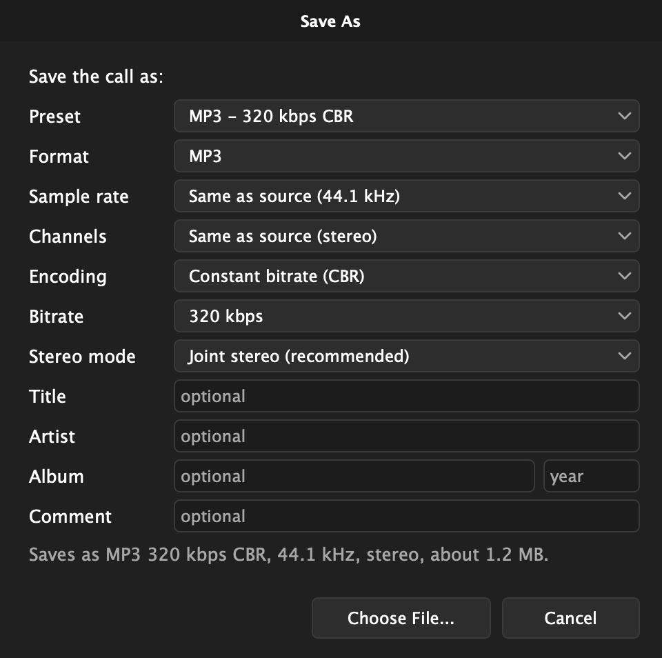 The Save As options: preset, format, sample rate, channels, encoding, bitrate, stereo mode, and title, artist, album, year and comment tags, with an estimate of the file size