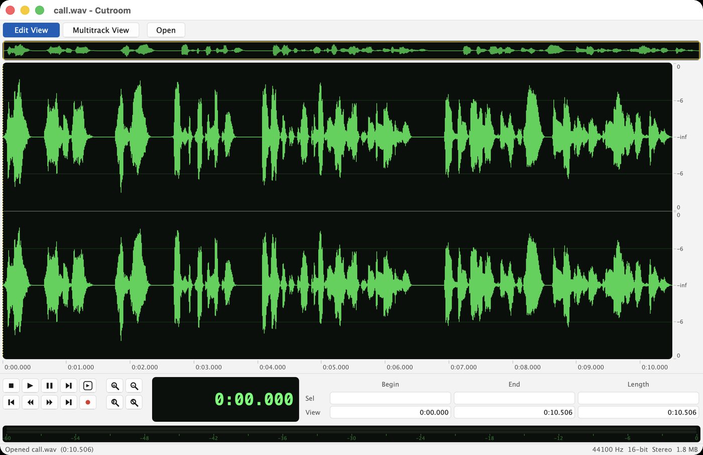 Cutroom's Edit View with a phone call waveform, transport controls and time display