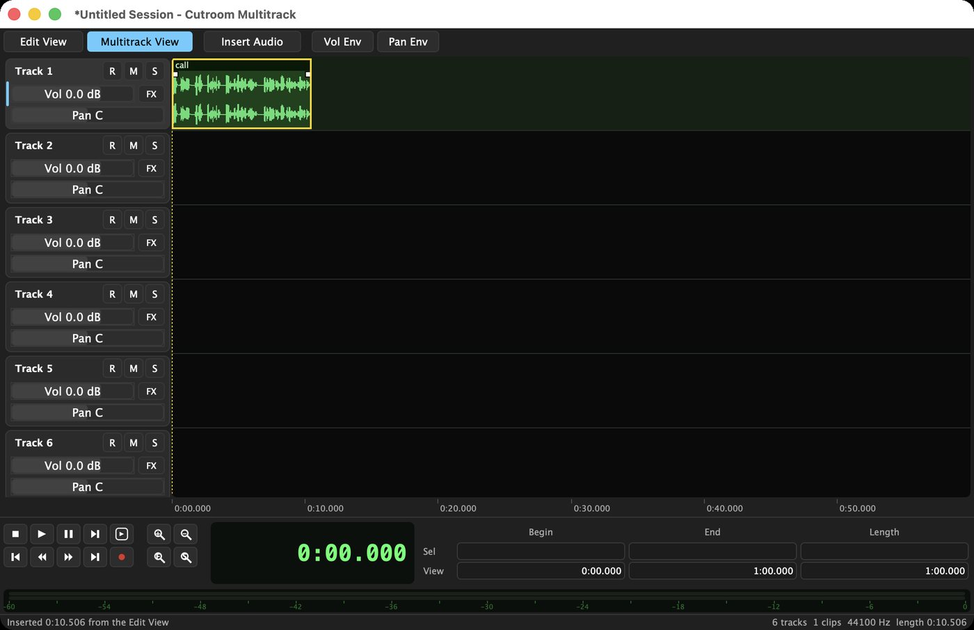Cutroom's Multitrack View in the dark theme, with clips on several tracks